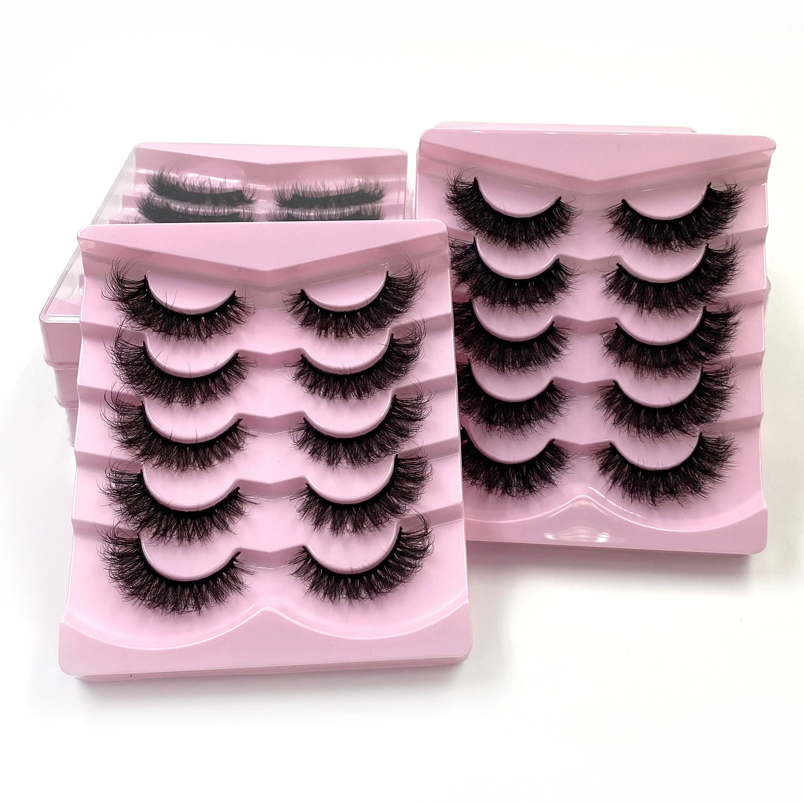 False eyelashes (Shein/Temu/Amazon) D21–D30, thick fluffy messy‑fur styles, multi‑pair trays
