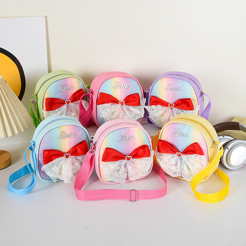 Dolce arco de encaje, bolso de hombro de niña, mini lindos bolsos de cambio arco iris, nuevos bolsos para niños con sequillas