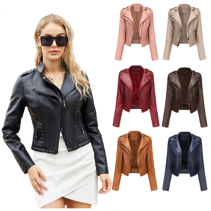 New Slim Long-Sleeve Spring and Autumn Leather Jacket for Women with Studs, European and American Style Short Zip-Up Leather Jacket