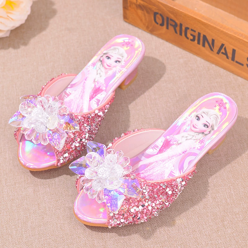 Туфли принцессы для девочек, туфли с мягкой подошвой и стразами, сценическая обувь, детские тапочки Frozen Princess Elsa на высоком каблуке