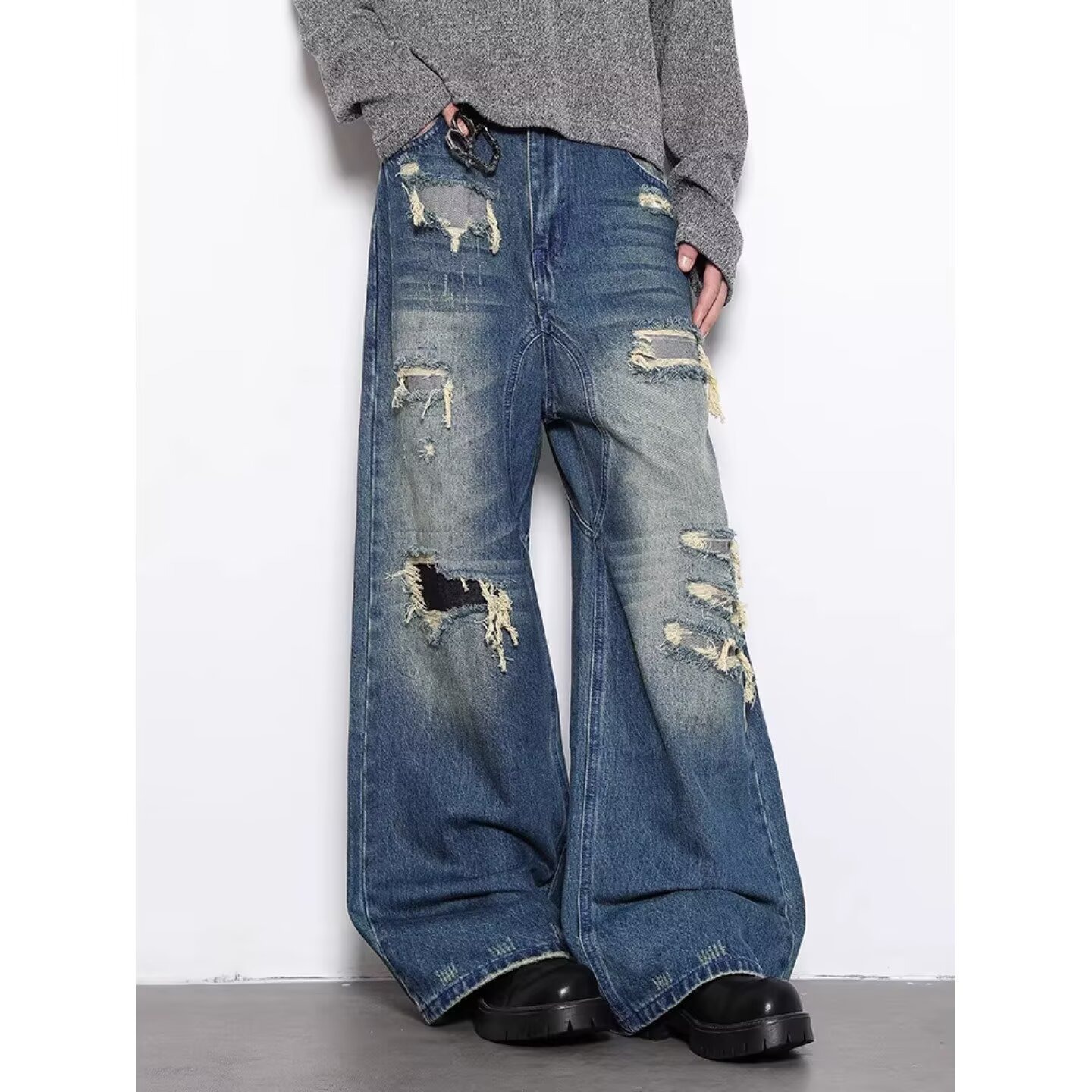 Men's High-End Retro Distressed Ripped Camouflage Patchwork Wide Leg Jeans Loose Fit Floor Length Pants_mkmklike.com