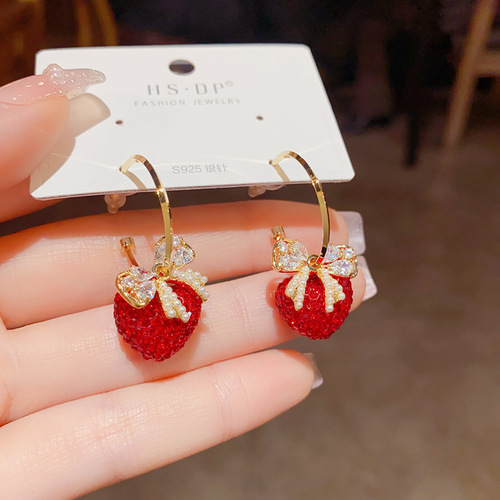 Light luxury festive red diamond love bow earrings high-end temperament fashionable earrings
