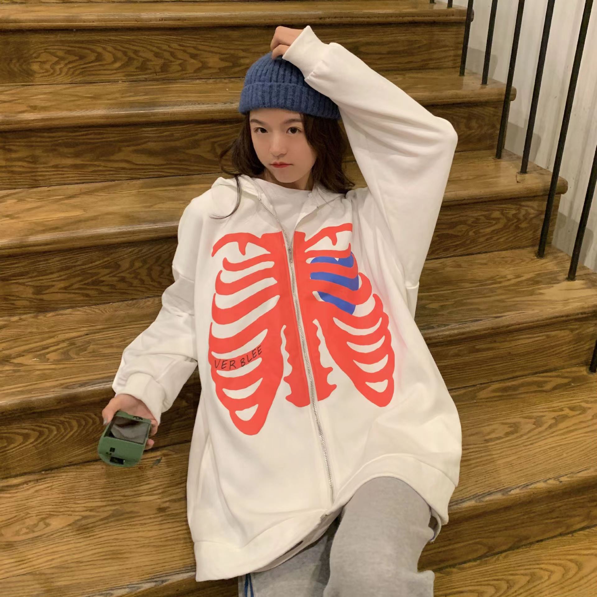 2023 New Cardigan Sweatshirt Side Pocket Skull Chest Bone Print Spring Autumn Fleece Hoodie Jacket_voghion.com