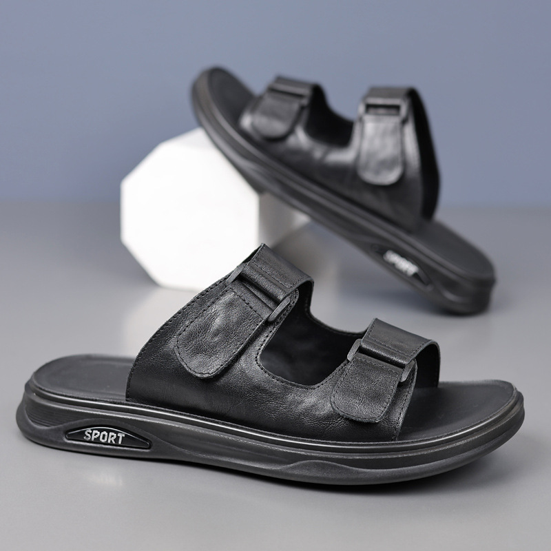 Verano nuevo cabeza de cuero de vaca zapatillas de cuero para hombres sandalias de cuero de dedos expuestos zapatillas respirables zapatillas para hombres zapatos