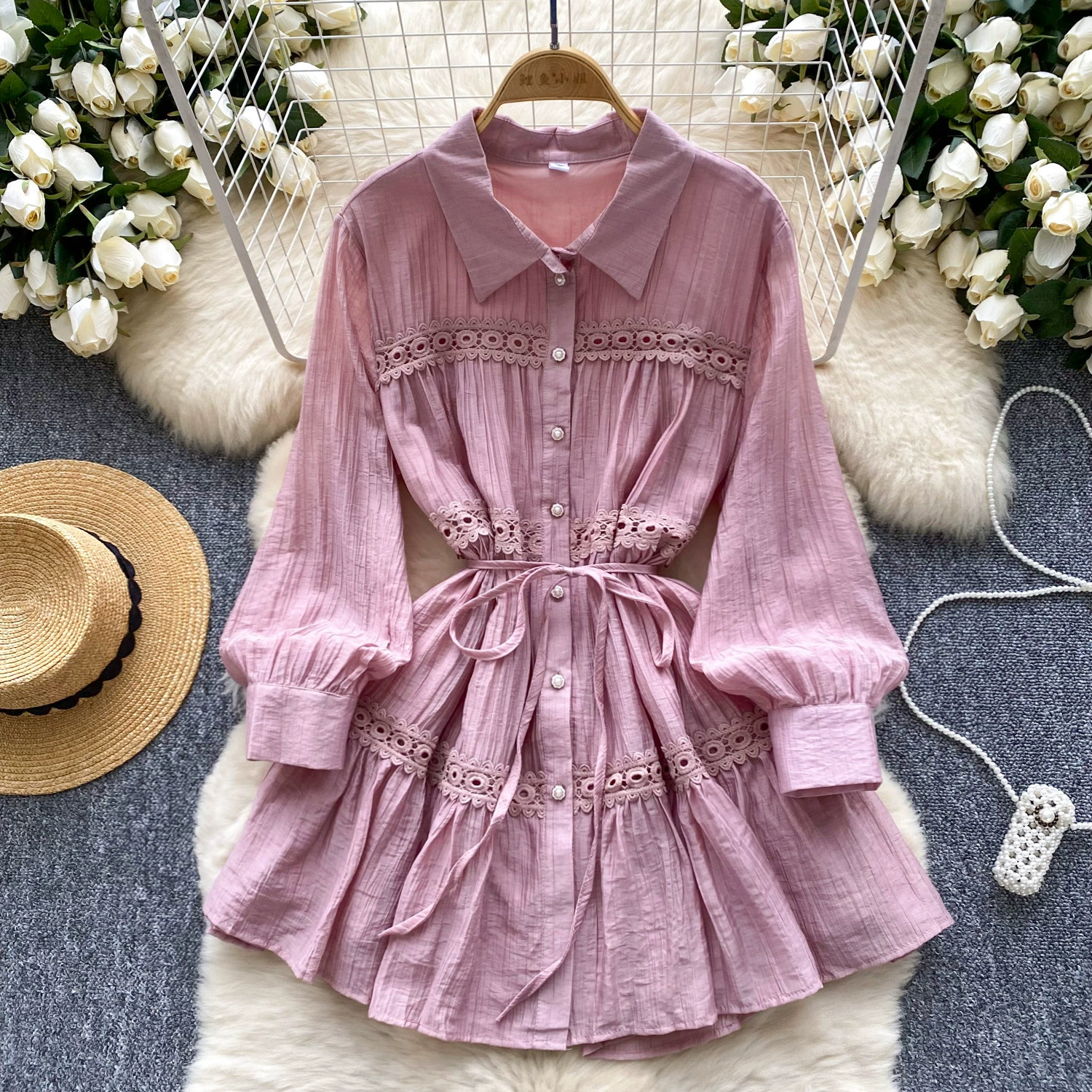 Французское ретро-лацканное однобортное платье с ремешком на талии женское платье ретро придворное платье с кружевным сращением