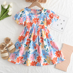 韓版童裝碎花女童連衣裙夏款泡泡袖女寶寶短袖裙子熱帶度假風童裝