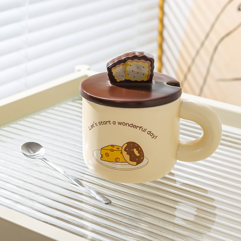 Pan creativo de cerámica hogar lindo taza de dibujos animados taza pareja taza de agua con tapa cuchara taza de café taza de desayuno