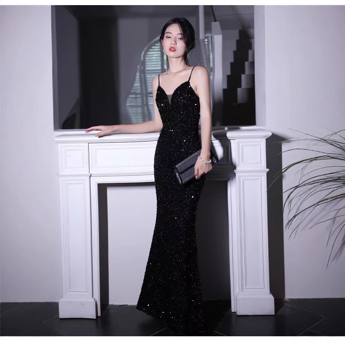 Black Evening Dress for Women 2025 New Style Light Luxury Niche Design Textured Spaghetti Strap Fishtail Dress Banquet Elegant Dress