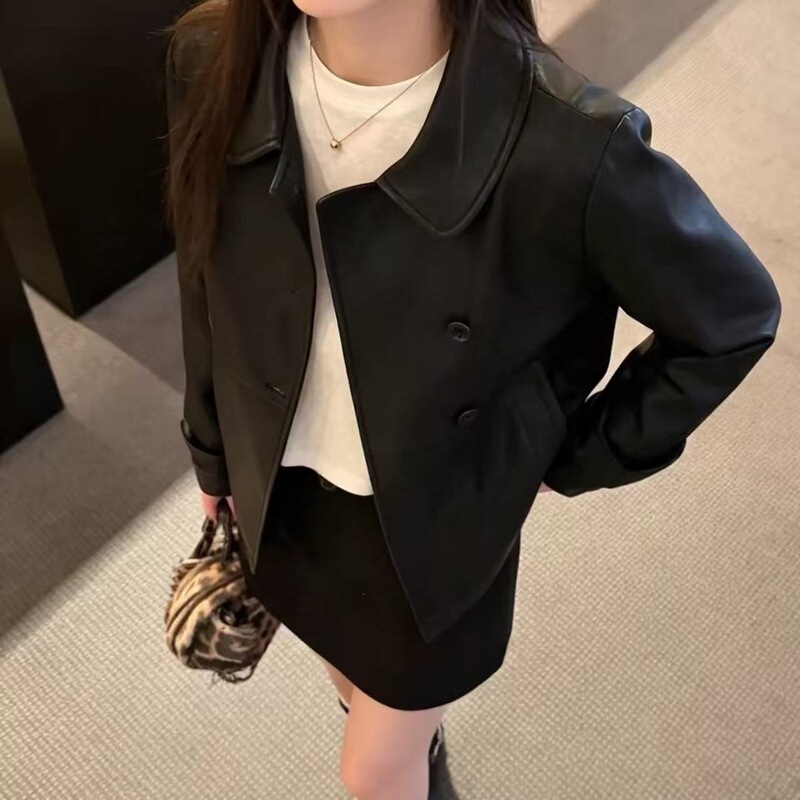 2026 Autumn Retro Hong Kong Style Doll Collar Black Leather Jacket for Women 2026 Autumn Retro Hong Kong Style Doll Collar Black Leather Jacket for Women