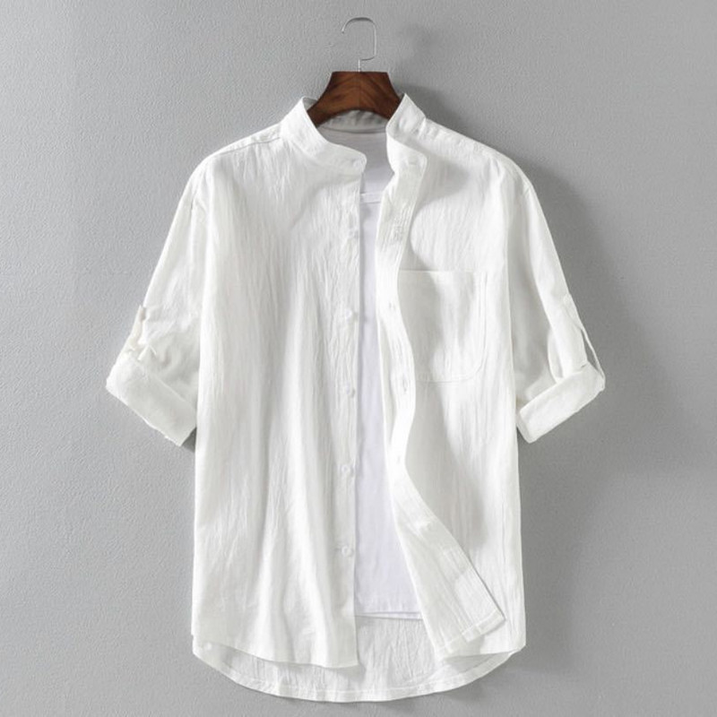 2023 New Summer Men's Linen Stand-Up Collar Five-Point Mid-Sleeve Shirt Trendy Men's Cotton and Linen Loose Large Size Casual Shirt