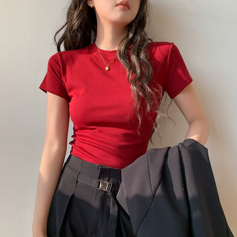 Популярная в этом году модная кожа мягкая и эластичная стройная футболка с короткими рукавами с низким вырезом