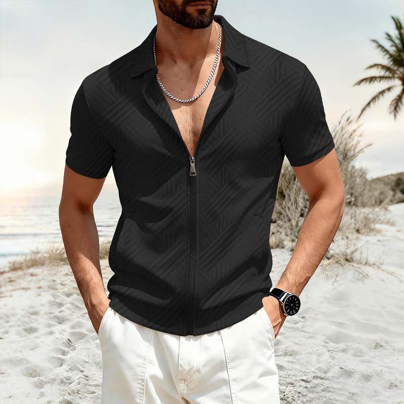 Cross-Border American-Style Men's Spring and Summer Outdoor Loose Heavyweight Jacquard Zip-Up Cardigan Short-Sleeve Casual Jacket
