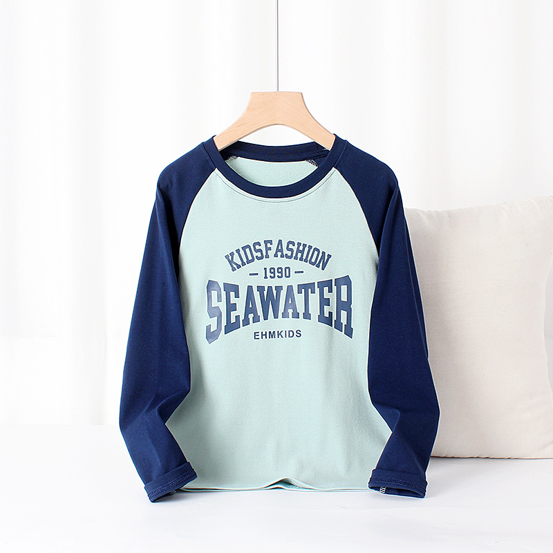 Camiseta de manga larga para niños estilo coreano de primavera y otoño, top de algodón y cachemira raglán para niños medianos y grandes, estilo Little Elephant Ham para niños.