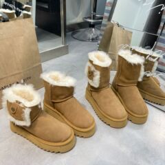 PRUGGI冬季口袋中筒雪地靴牛皮羊毛女鞋增高保暖厚底棉鞋防水轻便