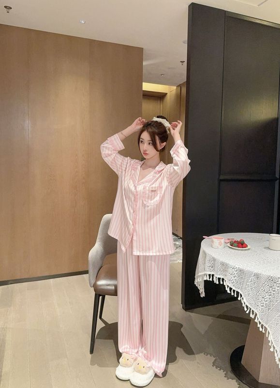 睡衣女秋冬新款冰丝条纹长袖睡衣可外穿开衫家居服蕾丝花边套装|undefined