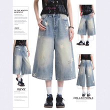 美式复古星星印花牛仔七分裤女夏季宽松7分中裤破洞阔腿短裤