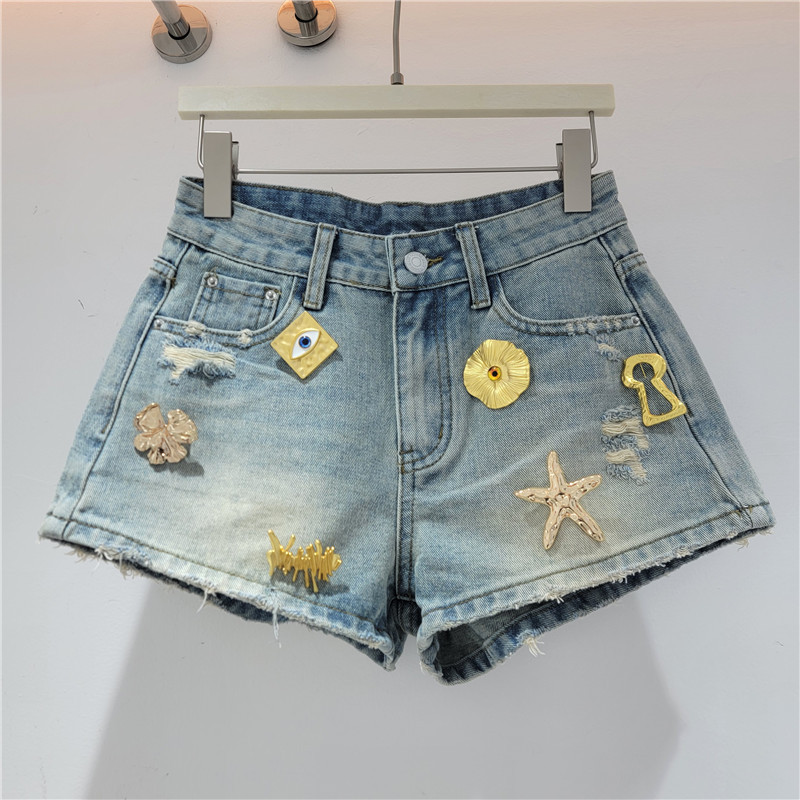 Pantalones Cortos de Mezclilla con Rotos para Mujer con Hebilla Metálica