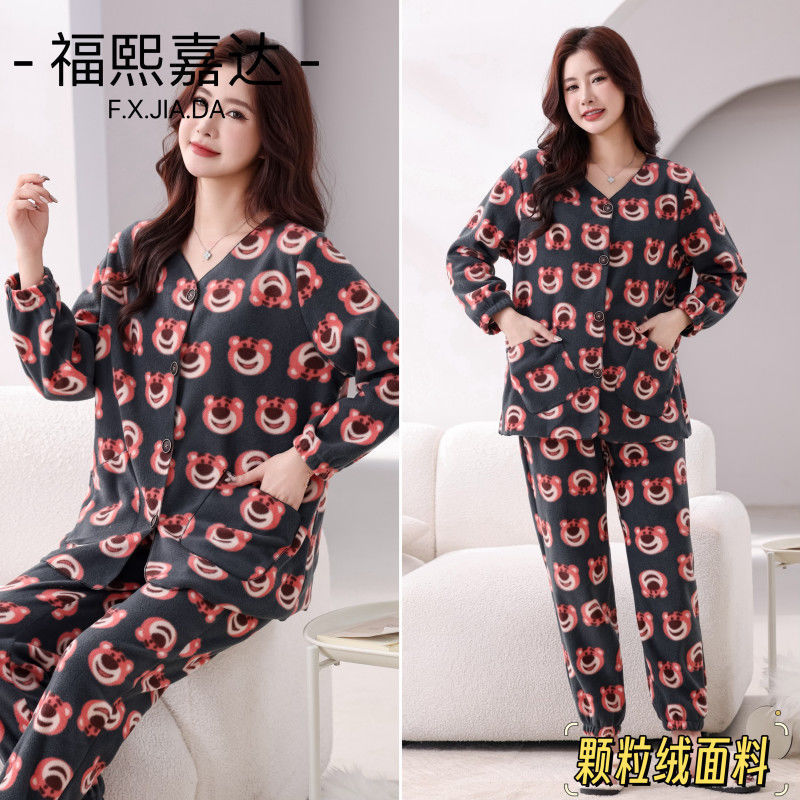 Fuxi Jiada Women's Pajamas Autumn and Winter Polar Fleece Style Button Pajamas Women's Large Size V Neck Printed Home Clothes