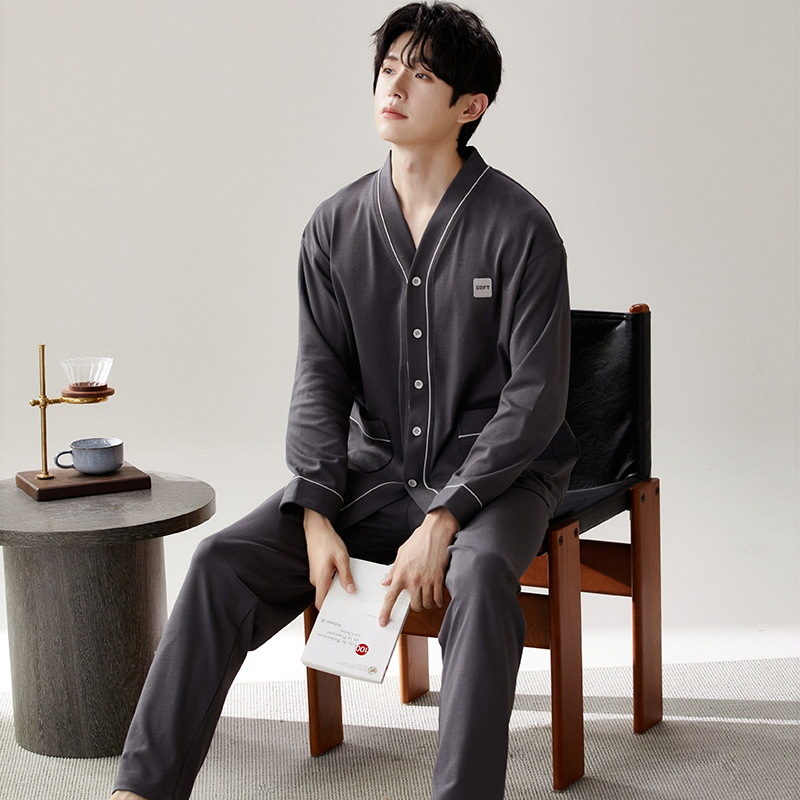 Pijama de hombre primavera y otoño algodón cardigán de manga larga kimono juvenil se puede usar grande algodón conjunto de ropa de casa