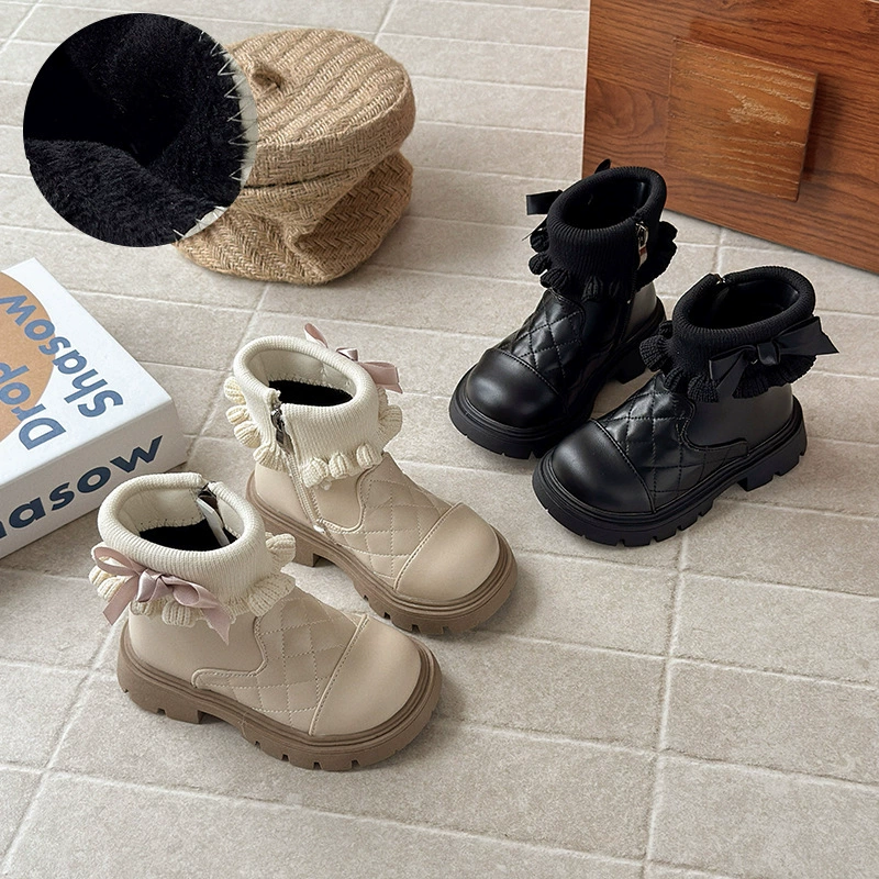 Martens детские демисезонные трикотажные утепленные короткие сапоги в английском стиле с бантиком в корейском стиле