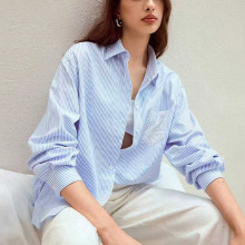2025跨境新款女式蓝色条纹衬衫长袖蕾丝口袋别致减龄上衣批发