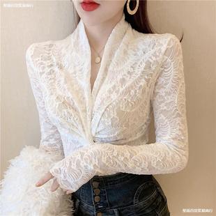 Spring and Autumn New Style Lace Bottoming Shirt Women's Fashion Small Shirt Long Sleeve Mesh Inner Hollow Sexy Collar Top