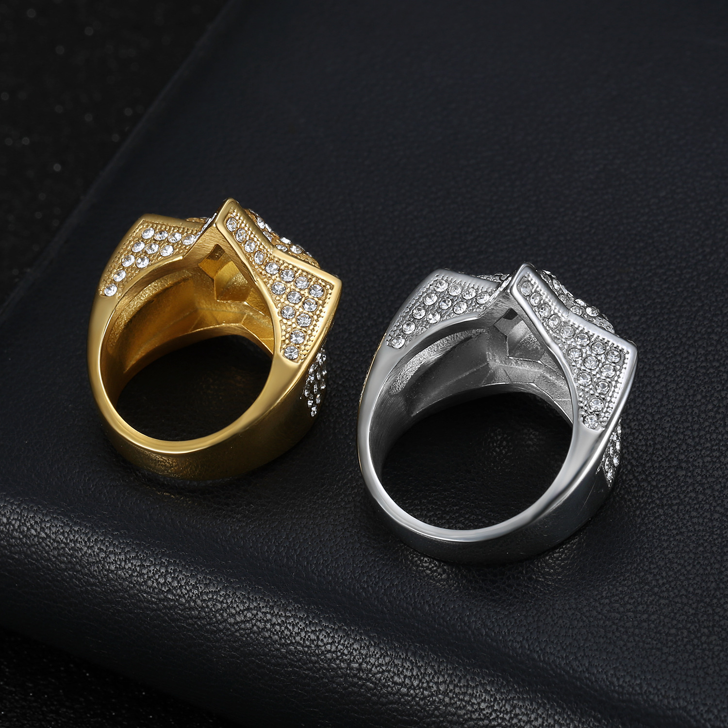 Hip-Hop Pentagram Titanium Steel Plating Inlay Rhinestones 18K Gold Plated Men's Rings