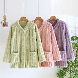 法兰绒单件上衣秋冬季睡衣女加绒保暖珊瑚绒大码开衫家居服可外穿