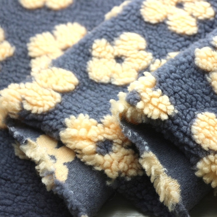 仿毛皮色织提花朵颗粒羊羔毛绒布泰迪绒太阳野花提花羊羔绒布面料