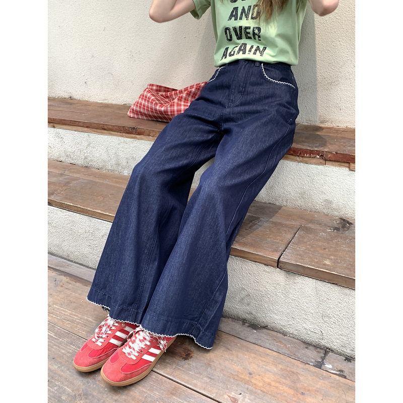 陆小团团复古花边直筒薄牛仔裤2025秋季新款显瘦阔腿小个子裤子女|undefined