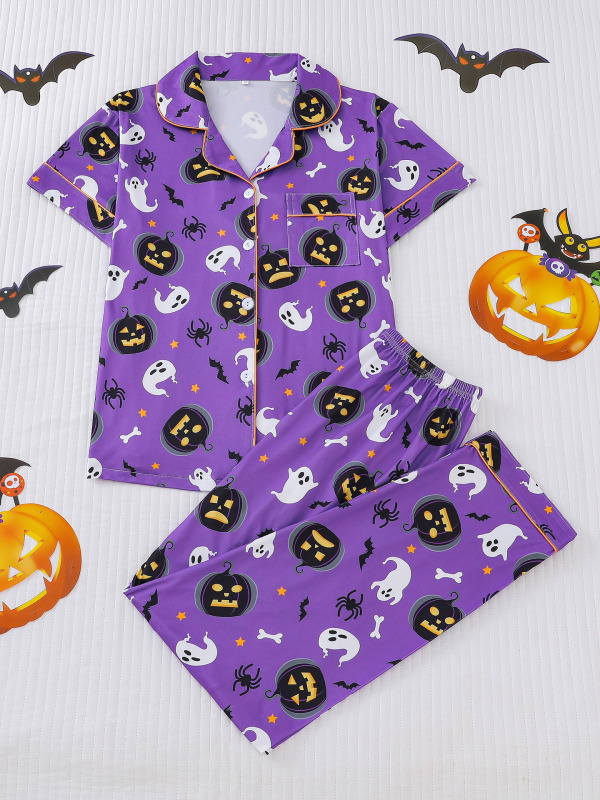 国境を越えた貿易ハロウィンレディースパジャマ四季プリントラペル半袖ズボン快適な女性パジャマ|undefined