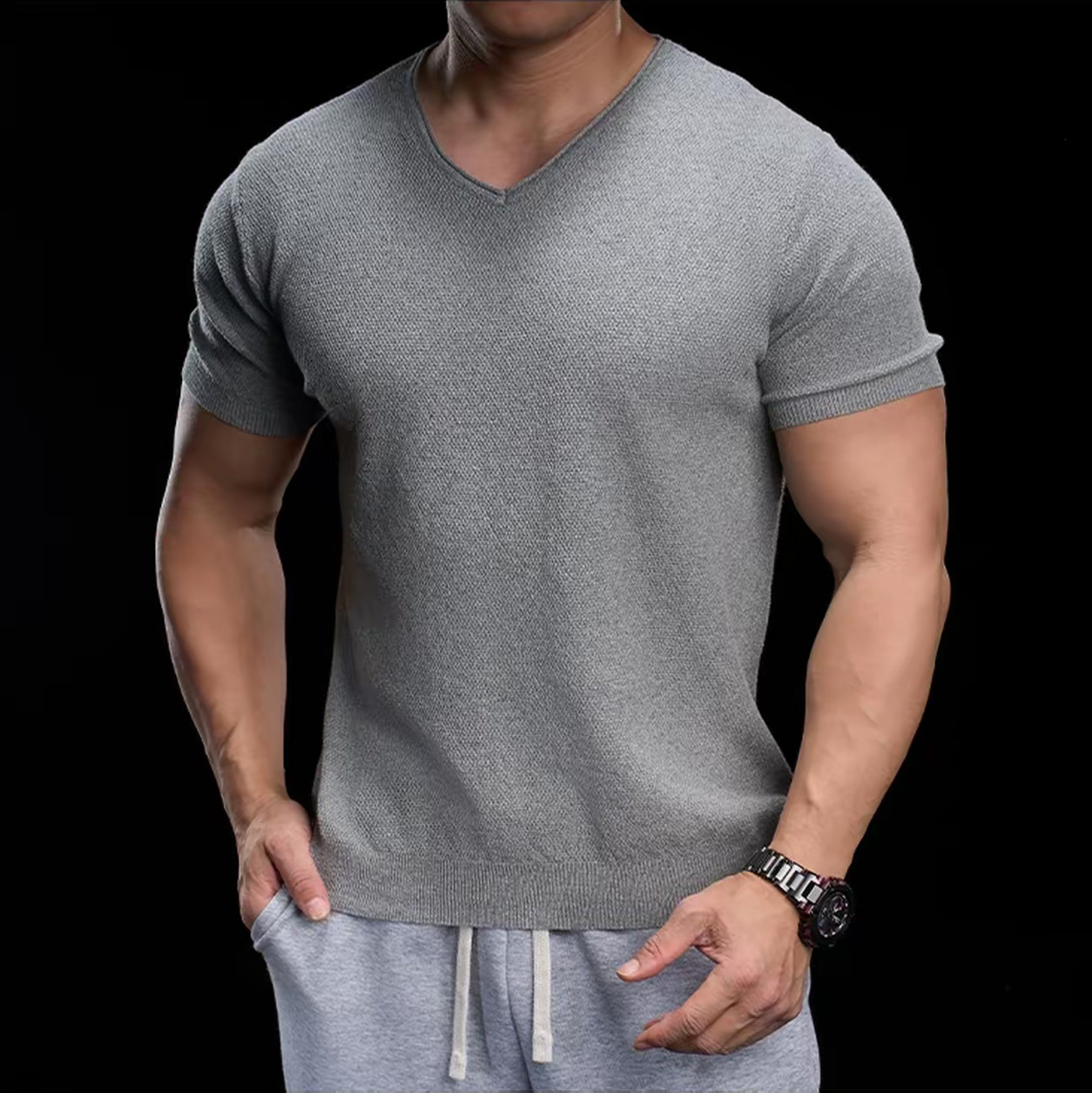 Camiseta de punto de manga corta camiseta elástica hombre V cuello de pollo corazón viejo viento de negocios hielo verano fábrica transfronteriza al por mayor