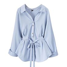 M1 CLUB蓝色衬衫设计感小众收腰显瘦V领雪纺长袖上衣大码女装春季
