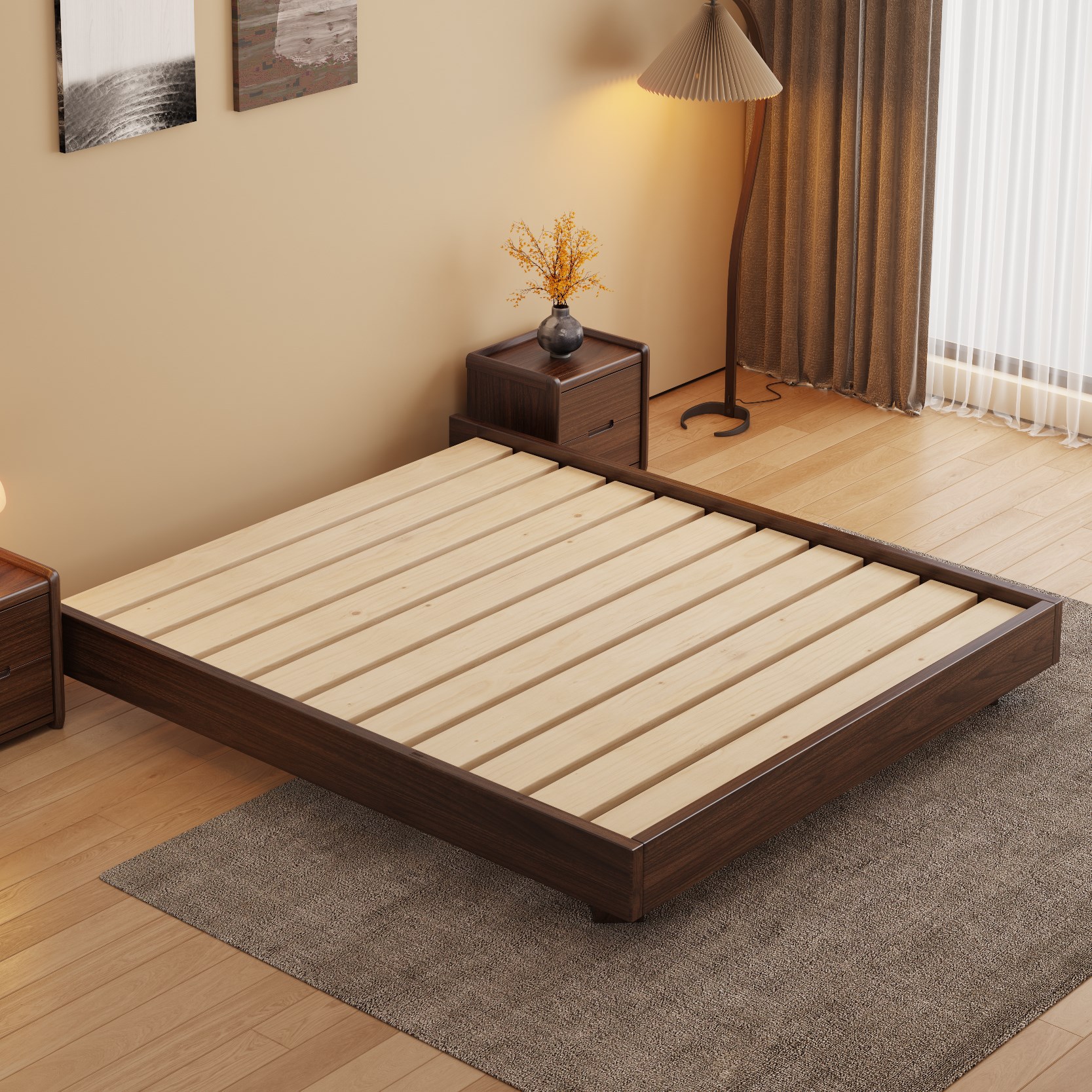 Black Walnut Frame Bed Without Headboard, Bedroom Tatami 1.5m Floating Bed, Small Space-Saving Bed