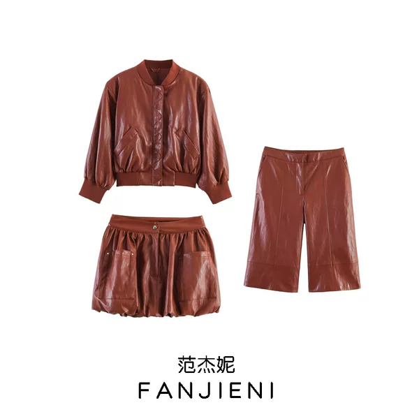 Zr Foreign Trade Wholesale European and American Style Women's Clothing Faux Leather Padded Shoulder Bomber Jacket Shorts Skirt 3046068