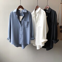 【现货速发】衬衫女夏季日韩新款韩版纯色简约气质长袖翻领衬衣女