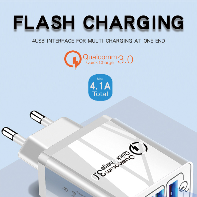 QC3.0 4USB fast mobile phone charger 4.1A multi port American European British standard travel adapter charging head_voghion.com