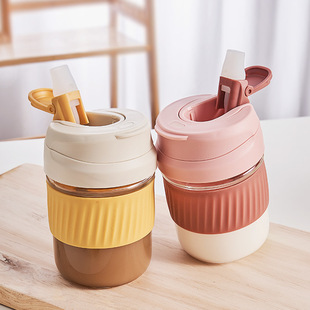Glass Water Cup for Women in Summer with Straw and Lid Double Drink Simple Portable Cute Milk Cup Large Capacity Coffee Cup