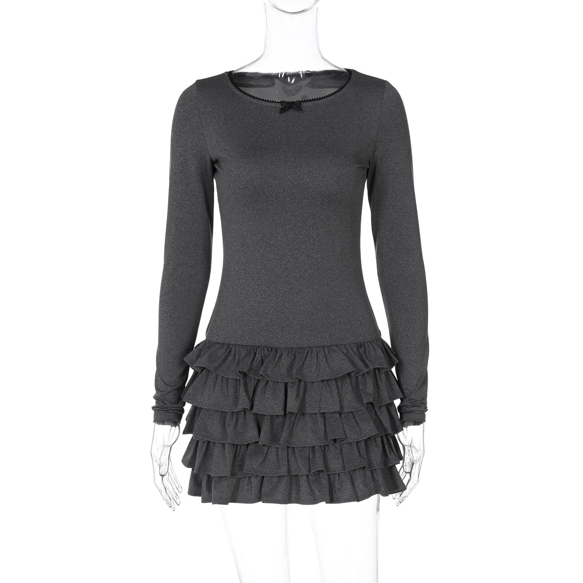Winter Fashionable Pleated Stacking Lotus Leaf round Neck Slim Fit Sheath Dress Puffy dress
