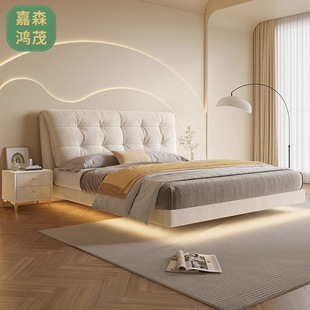 Cream wind suspension bed modern minimalist master bedroom. M double bed induction lamp technology velvet suspended soft bag bed