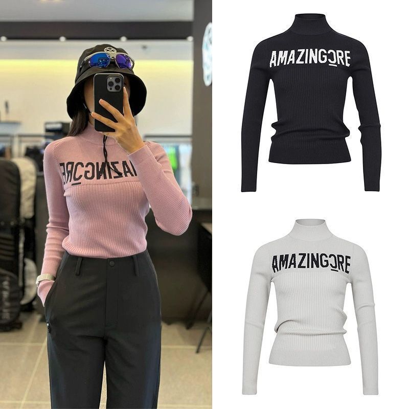 Korean Golf Clothing Women's Spring & Fall Letter Printed Pure Color Stand-Up Collar Knitted Top Slimming Look Long Sleeves