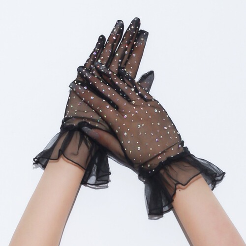 Nighttime Teaching Room Lolita Gloves Black Lace Trimmed with Rhinestones Short French Hepburn Style Dress Short Gloves
