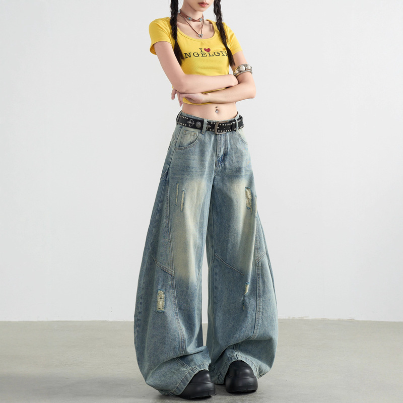 Vintage American-Style Curved Hem Wide-Leg Jeans for Women, High-Waisted Loose-Fitting Denim Pants with a Draping Effect, Women's Autumn Style