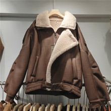 秋冬加厚女短款PU立领机车服羊羔毛绒仿皮毛一体环保皮草外套