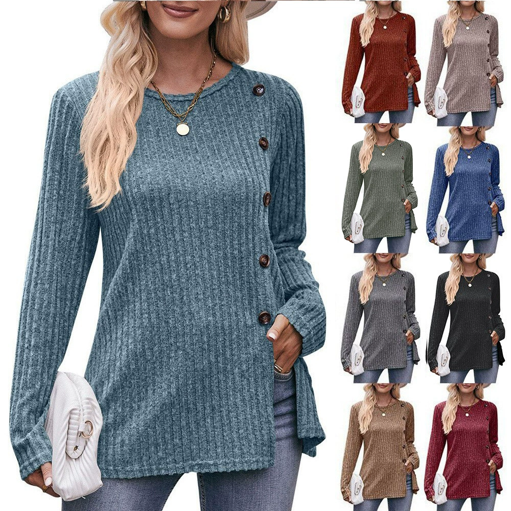 2023 Трансграничная Новая женская однотонная женская футболка на пуговицах с круглым вырезом и щеткой Amazon