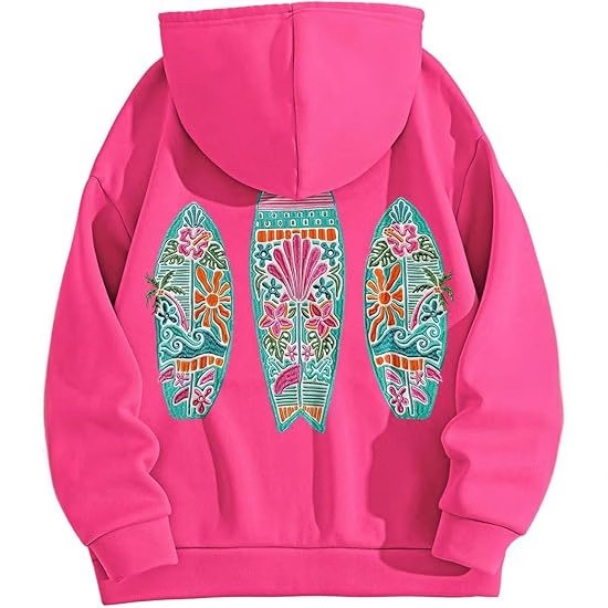 2025爆款外贸Hawaii Hibiscus卫衣ins女士落肩袖螺纹连帽衫印花