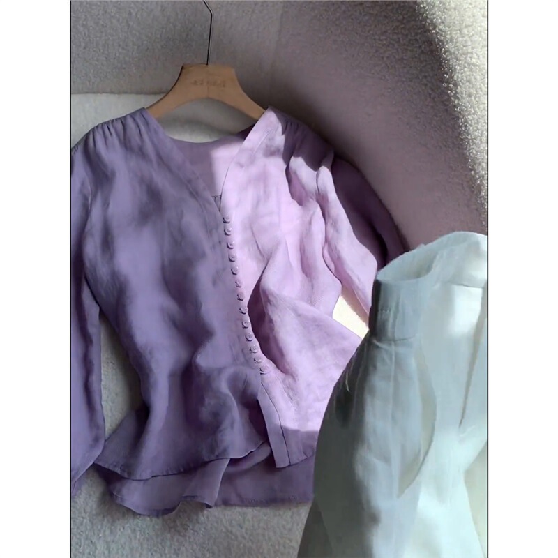 Purple V-neck Bubble Sleeve Tencel Linen Shirt Women's Spring/Summer 2025 Thin Doll Shirt Simple Top