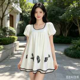 金智妮Jennie同款夏季新款甜美可爱泡泡袖重工刺绣短袖连衣裙女