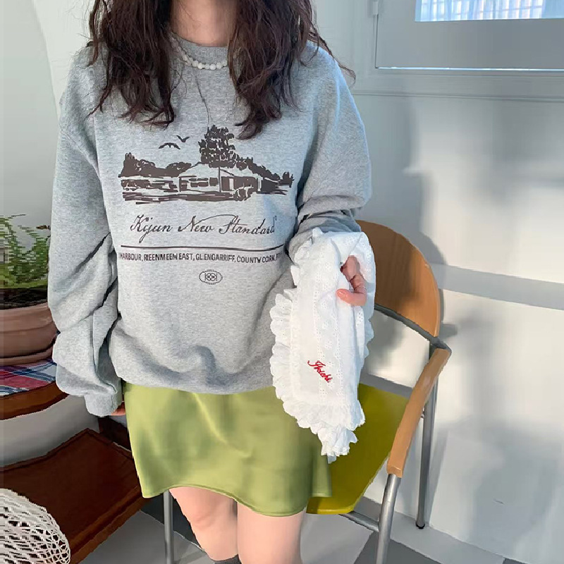 2026 Spring New Korean Style Simple Casual Lazy Style Letter Print Round Neck Long Sleeve Slimming Sweatshirt Women's Top