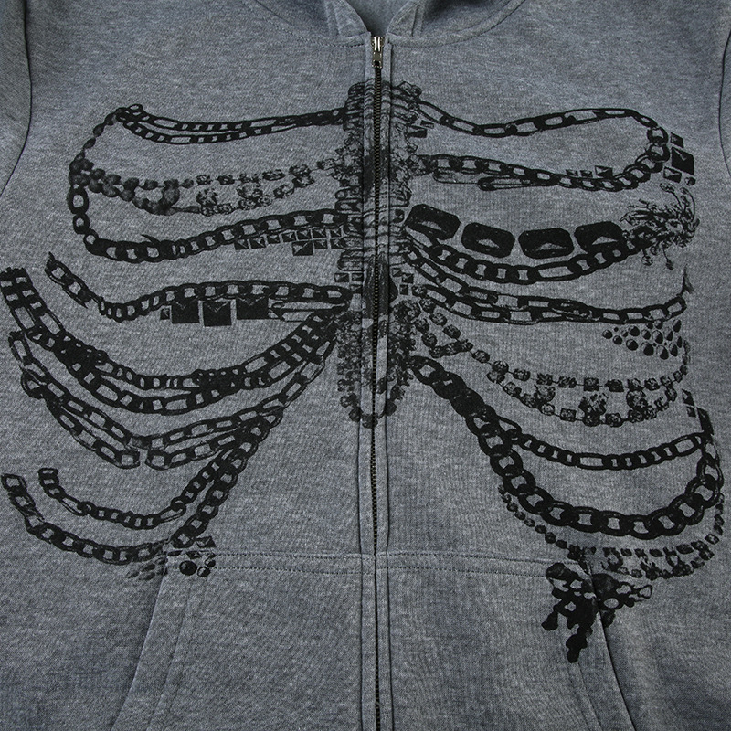 Culture Chain Bone Print Loose Hooded Sweatshirt Sexy Street Niche Casual Zipper Thin Coat